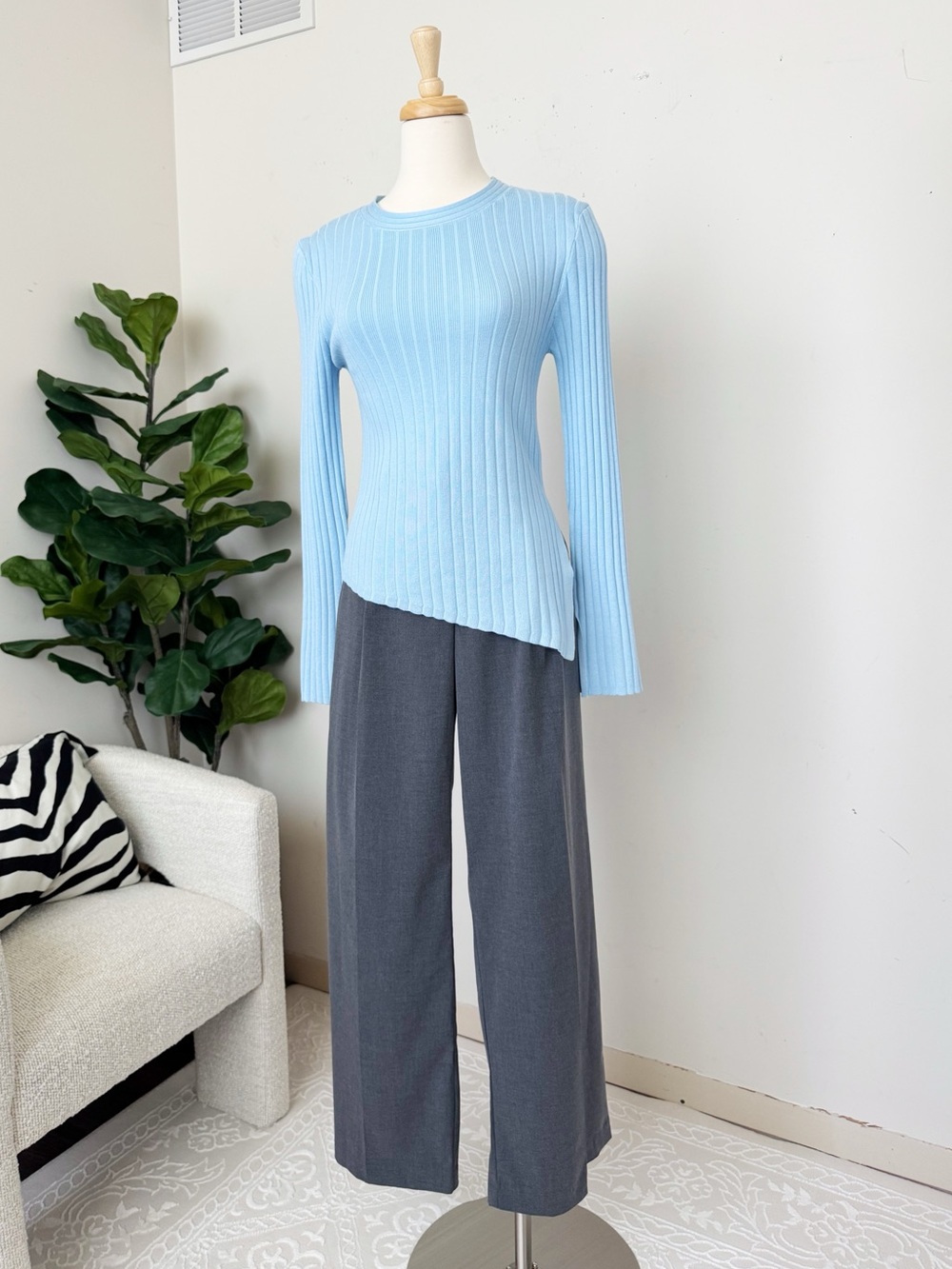 Crescent Light Blue Ribbed Asymmetric Long Sleeve Top